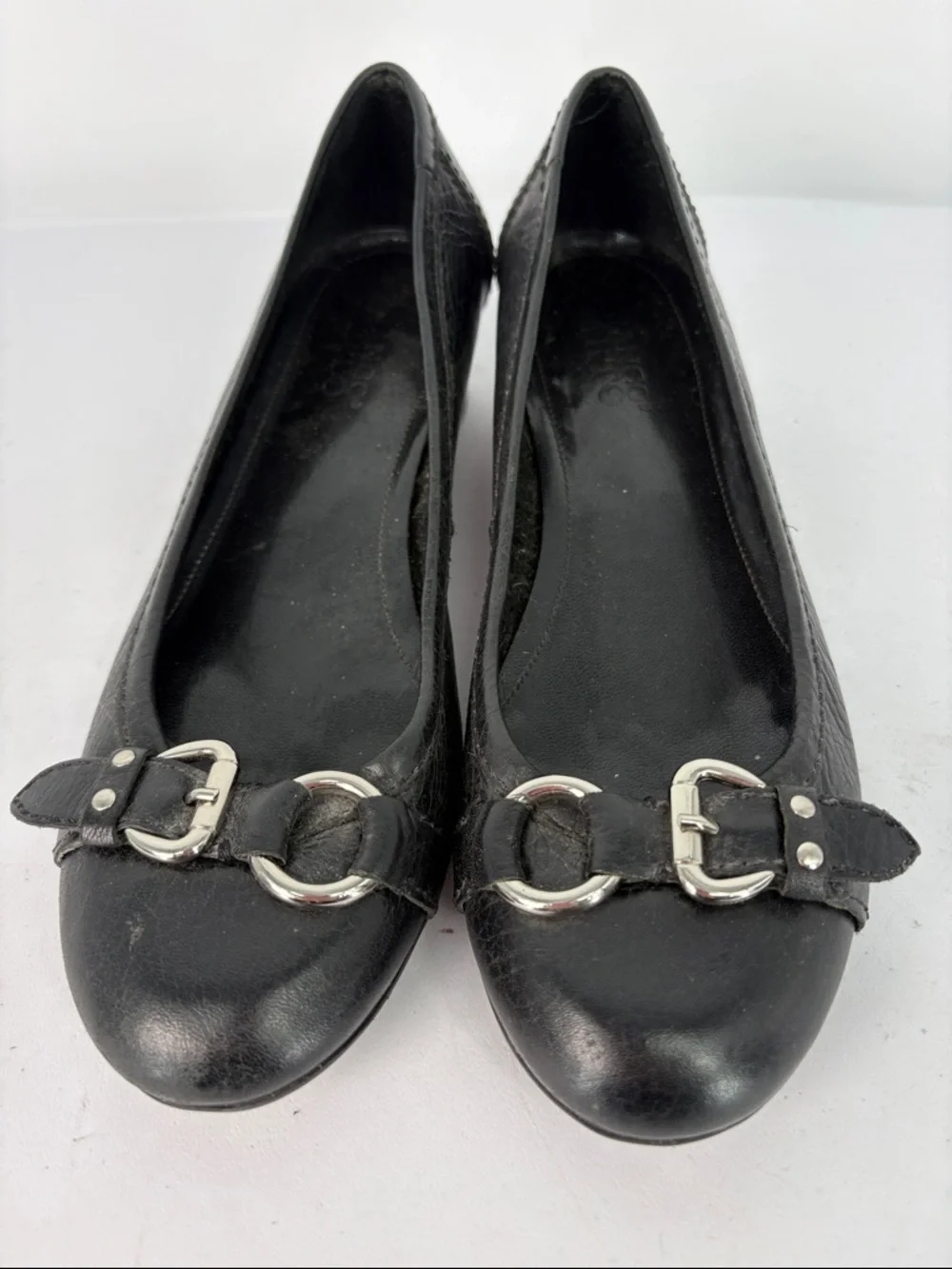 🐺 Franco Sarto Black pebbled Leather Buckle Flats
